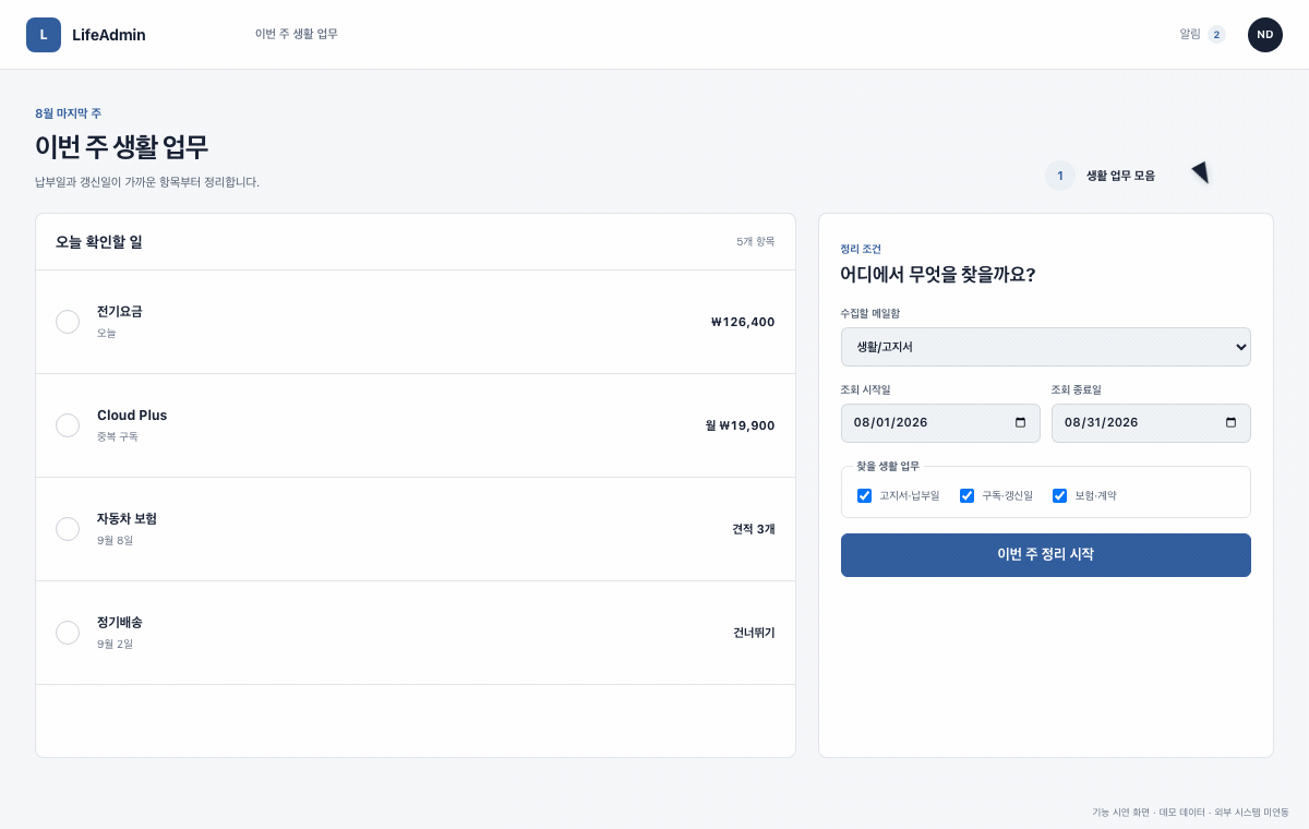 LifeAdmin에서 고지서와 구독을 분류하고 중복 구독을 검토한 뒤 외부 결제나 해지 없이 이번 주 정리 준비를 완료하는 흐름